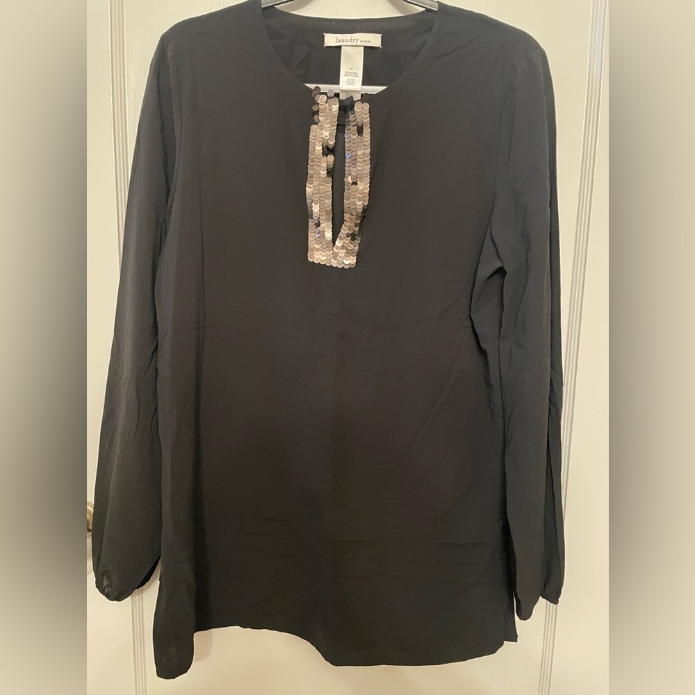 Laundry by Design Black Embellished Mandarin Collar Blouse